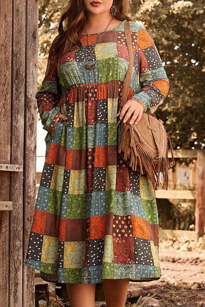 Green Printed Multicolor Western Checkered Plus Size Swing Dress - L & M Kee, LLC