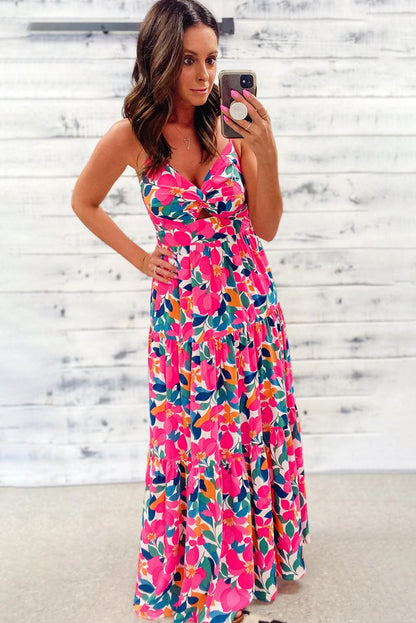 Rose Floral Twisted Smocked Back Tiered Maxi Dress - L & M Kee, LLC