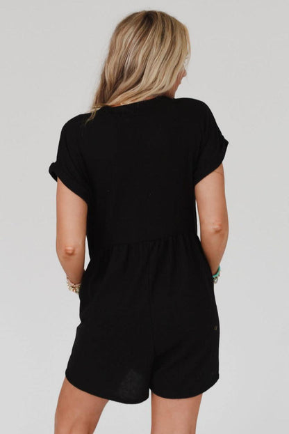 Black V Neck Buttons Loose Cuffed Short Sleeve Romper - L & M Kee, LLC