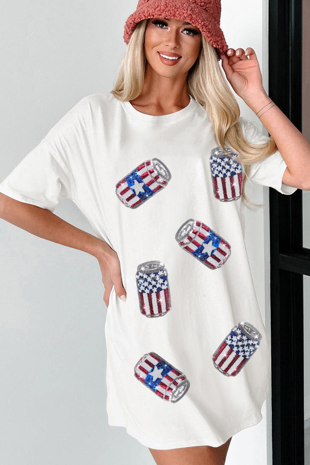 White Sequin American Flag Can Oversized Graphic Tee - L & M Kee, LLC