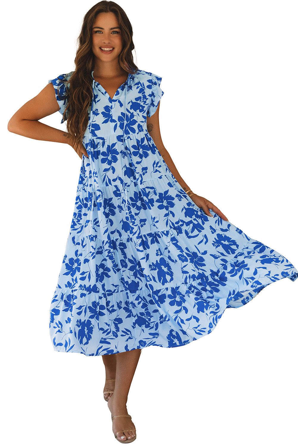 Sky Blue Floral Print Tiered Frilled Trim Flutter Sleeve Maxi Dress