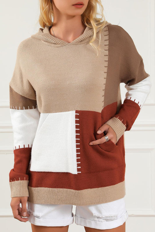 Brown Color Block Kangaroo Pocket Hooded Sweater - L & M Kee, LLC