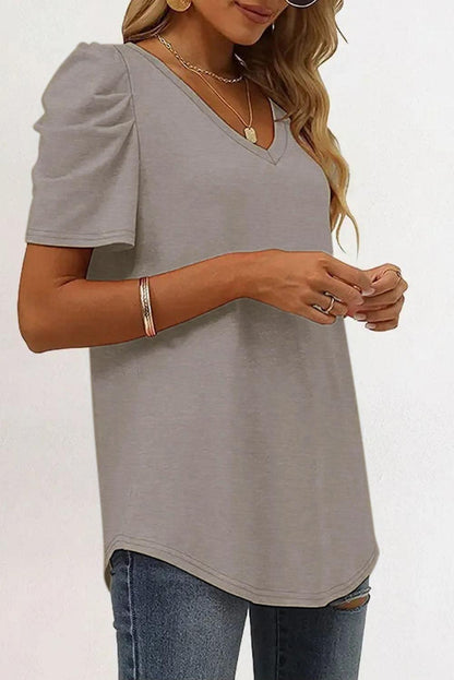 White Puff Sleeve V-Neck T-Shirt - L & M Kee, LLC