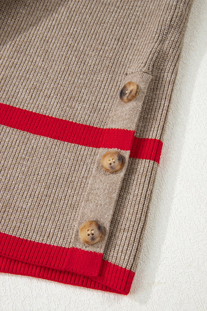 Simply Taupe Ribbed Knit Contrasted Stripe Detail Button Side Loose Sweater