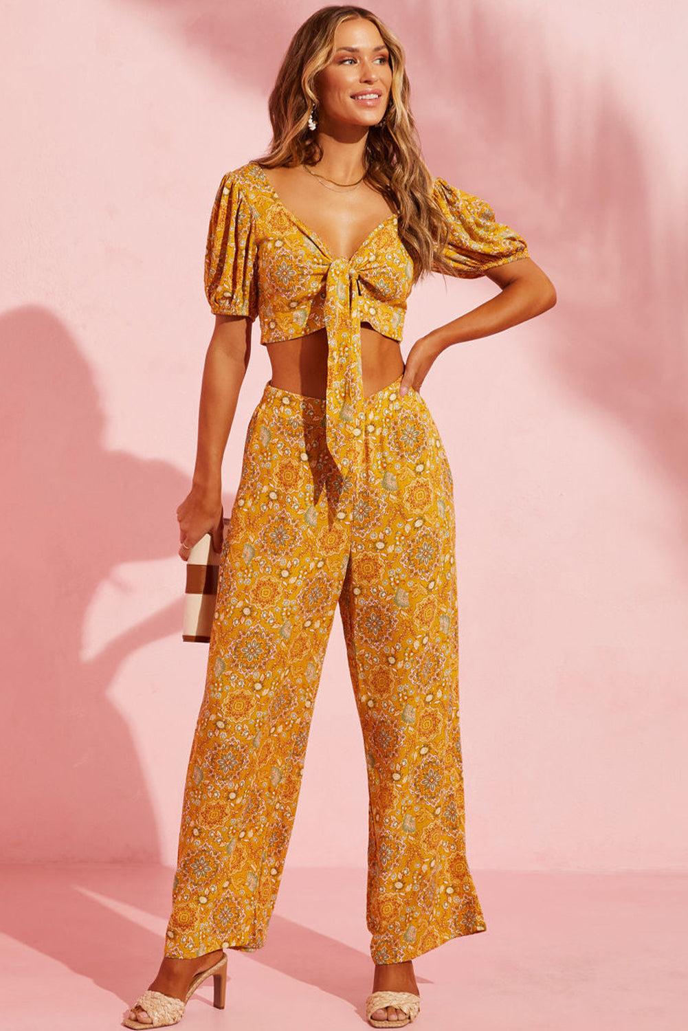 Yellow Bohemian Floral Print Pocketed Wide Leg Pants - L & M Kee, LLC