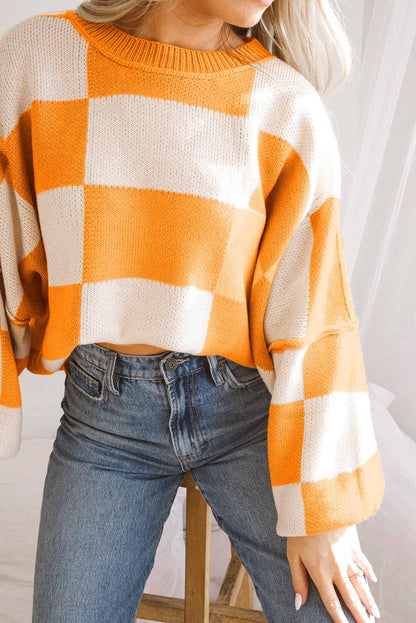 Orange Checkered Bishop Sleeve Sweater - L & M Kee, LLC