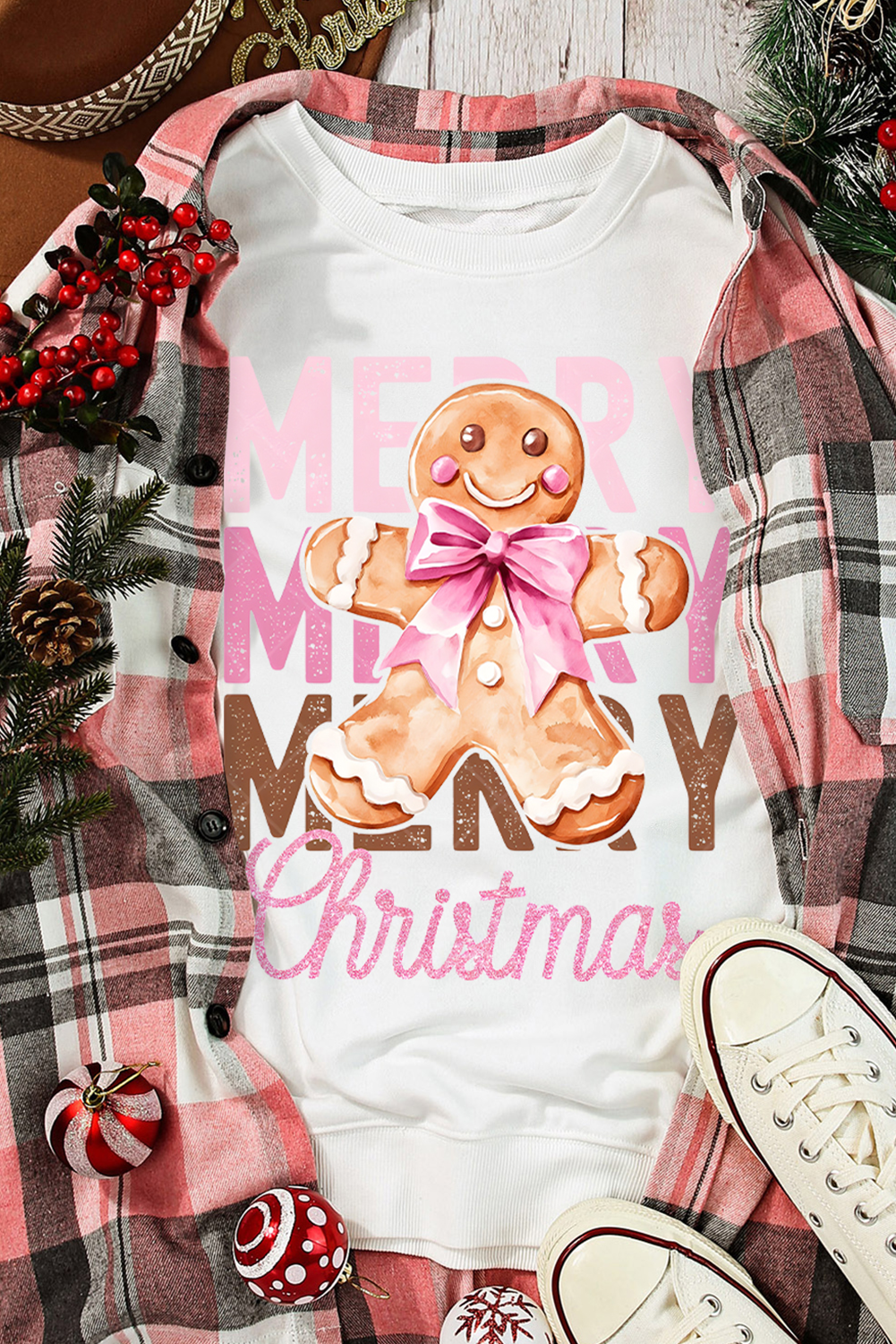 Beige Merry Christmas Gingerbread Man Graphic Sweatshirt