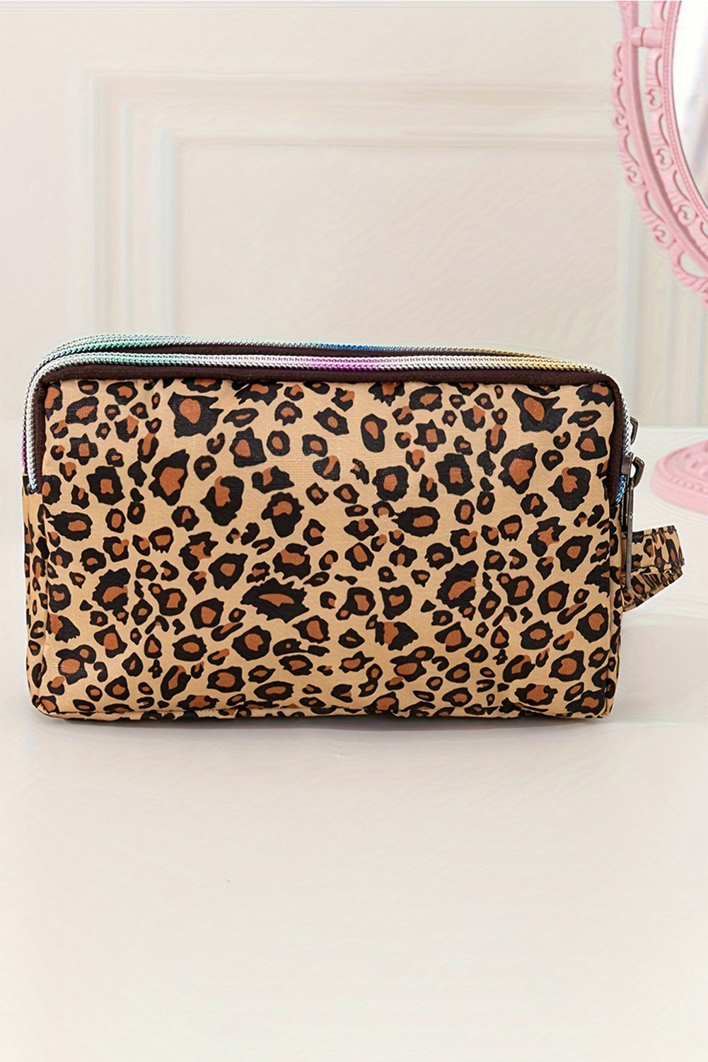 Brown Leopard Print PU Leather Wristlet Zipper Makeup Bag