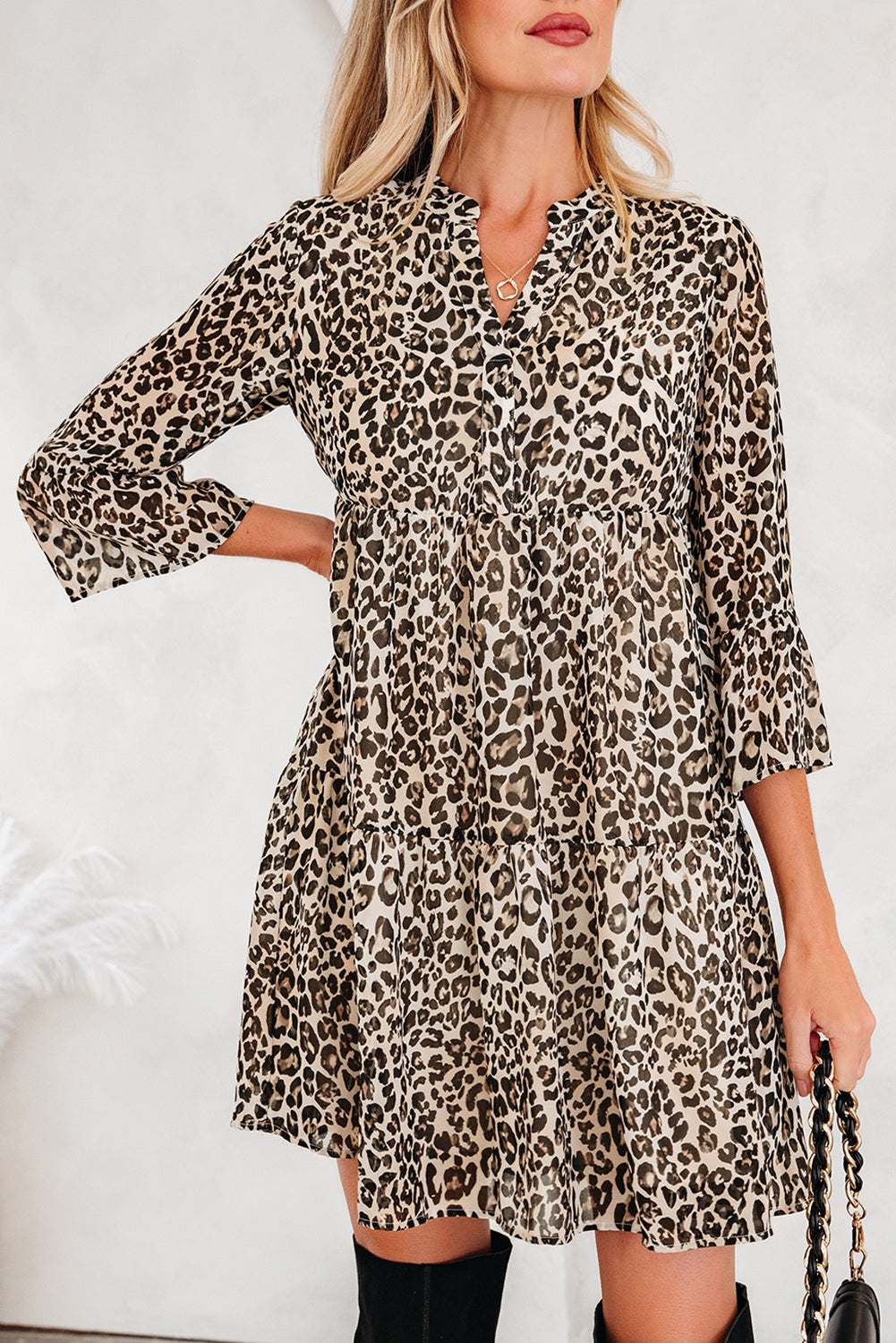 Khaki Leopard 3/4 Sleeve V Neck Swing Dress
