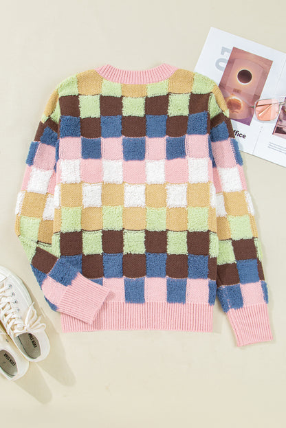 Multicolour Plush Checkered Pattern Button Front Cardigan Sweater
