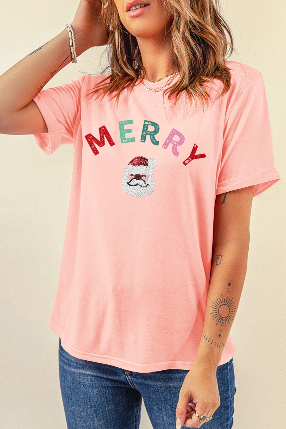 Pink Sequin MERRY Santa Clause Graphic T Shirt