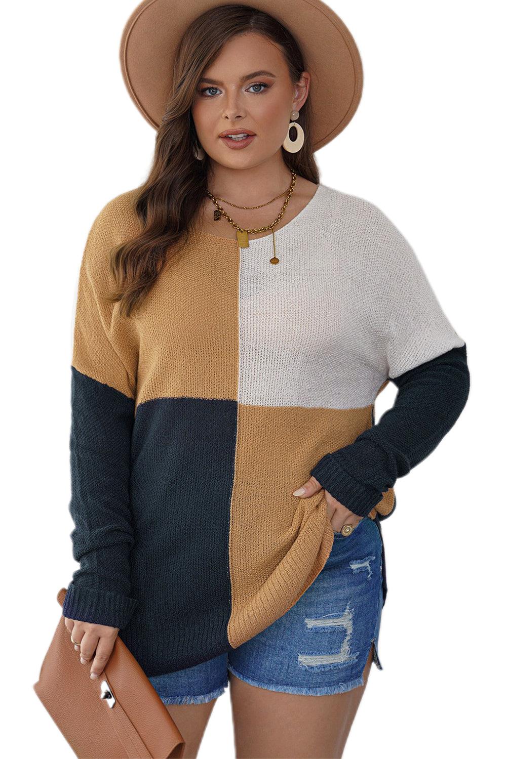 Blue Color Block Side Slit Plus Size Sweater - L & M Kee, LLC