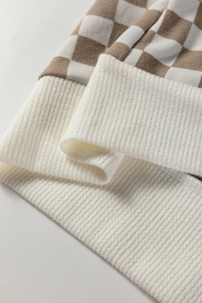 Khaki Checkered Print Quarter Zip Ribbed Patchwork Loose Sweatshirt