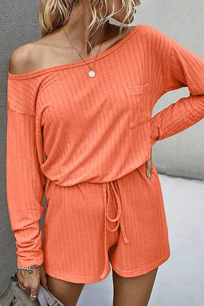 Ribbed Drawstring Waist Long Sleeve Romper - L & M Kee, LLC