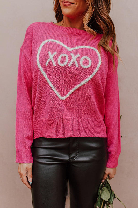 Rose Heart XOXO Pattern Drop Shoulder Rib Knit Sweater - L & M Kee, LLC