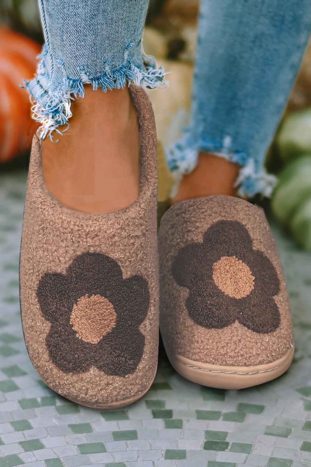 Camel Fuzzy Flower Pattern Homewear Slippers - L & M Kee, LLC