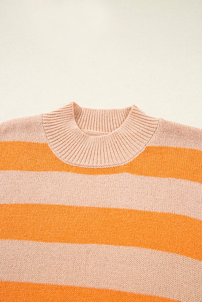 Orange Stripe Color Block High Neck Drop Shoulder Cozy Sweater