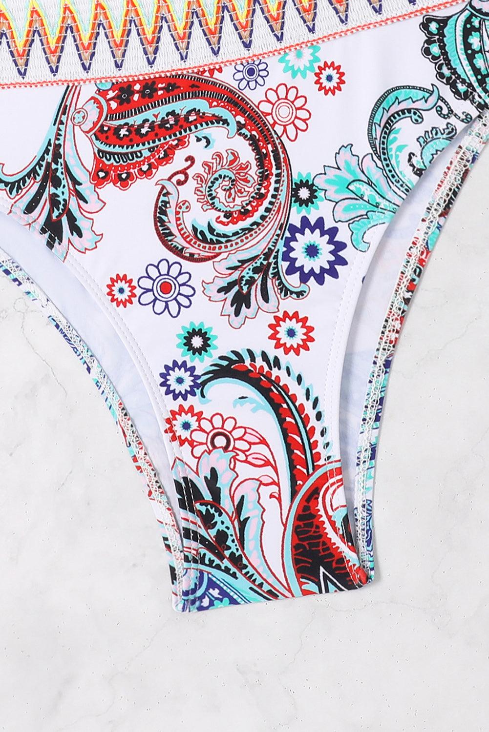 White Boho Paisley Contrast Trimmed One-shoulder Bikini - L & M Kee, LLC