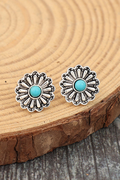 Silvery Western Turquoise Inlay Flower Stud Earrings