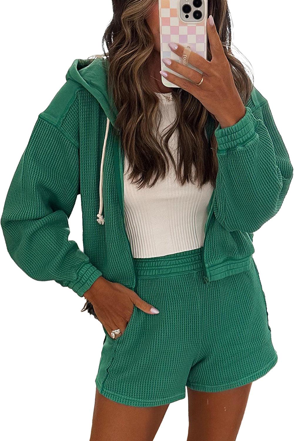 Blackish Green Waffle Knit Hooded Jacket and Shorts Outfit - L & M Kee, LLC