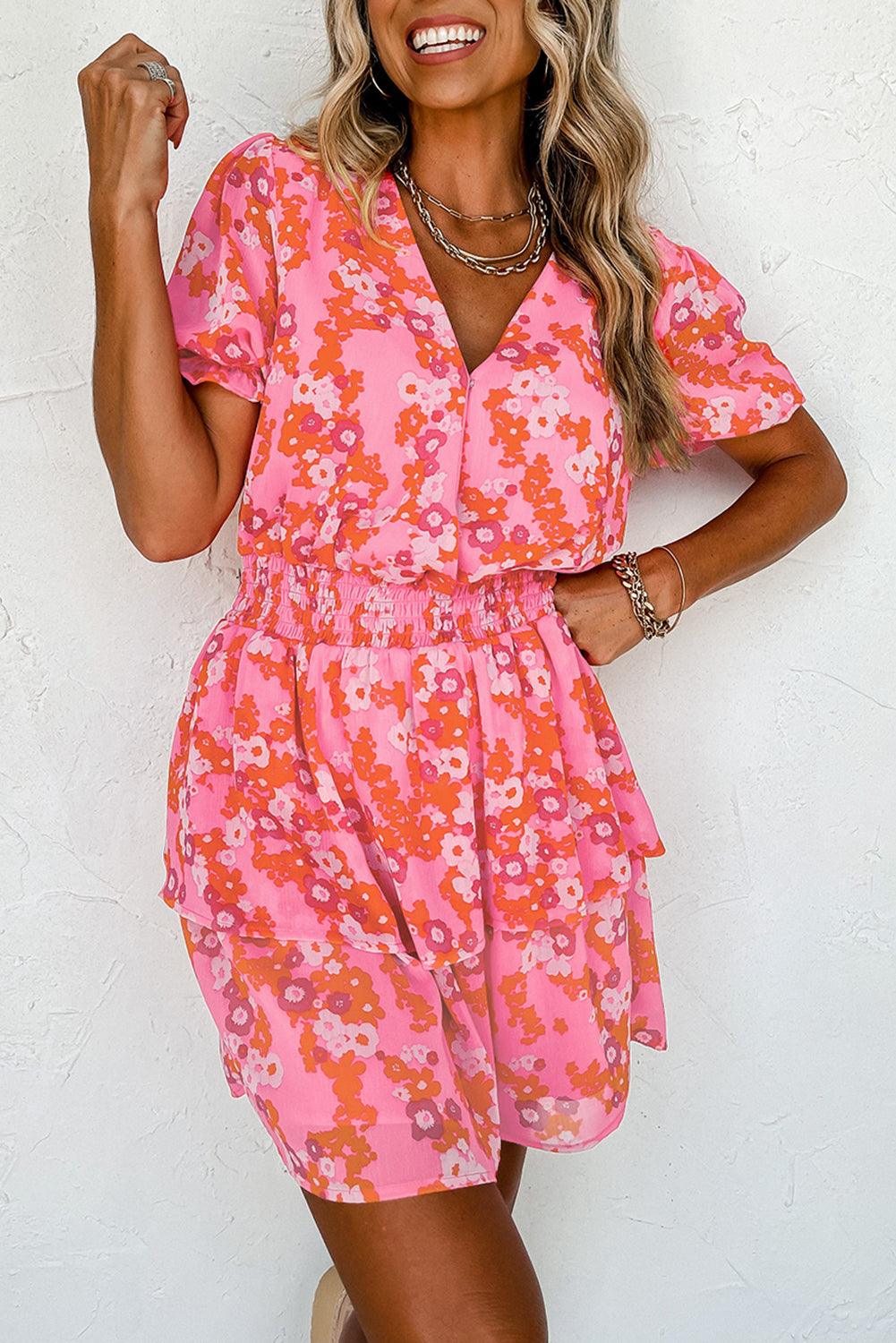 Pink Floral V Neck Short Ruffle Tiered Dress - L & M Kee, LLC