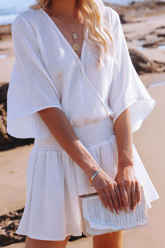 3/4 Sleeves Textured Smocked Drape Beach Dress - L & M Kee, LLC