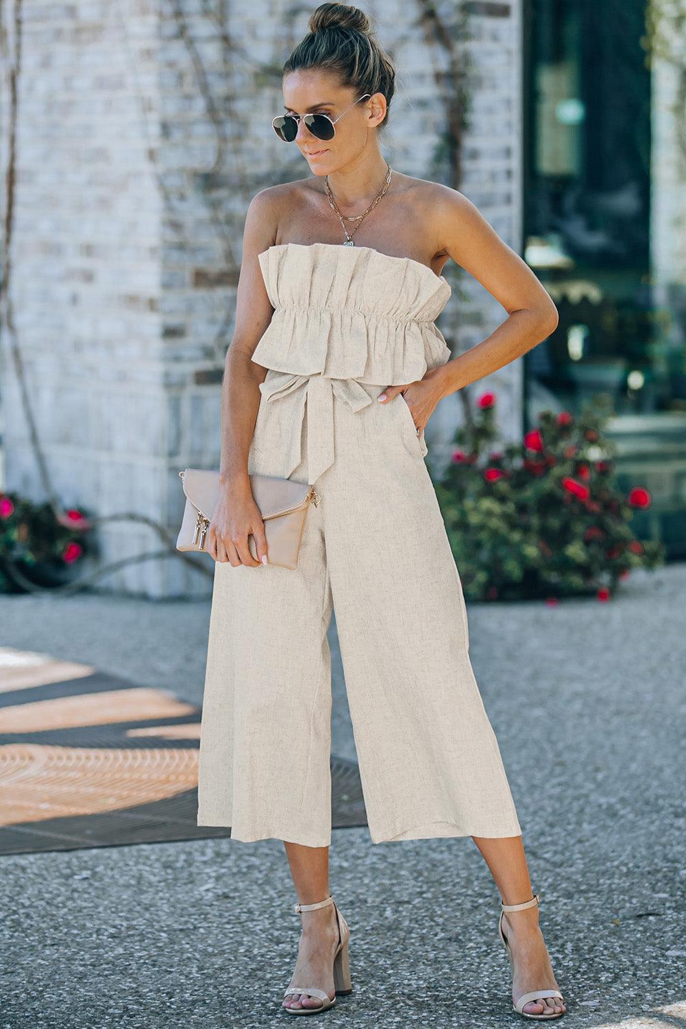 Beige Ruffled Strapless Wide Leg Jumpsuit - L & M Kee, LLC