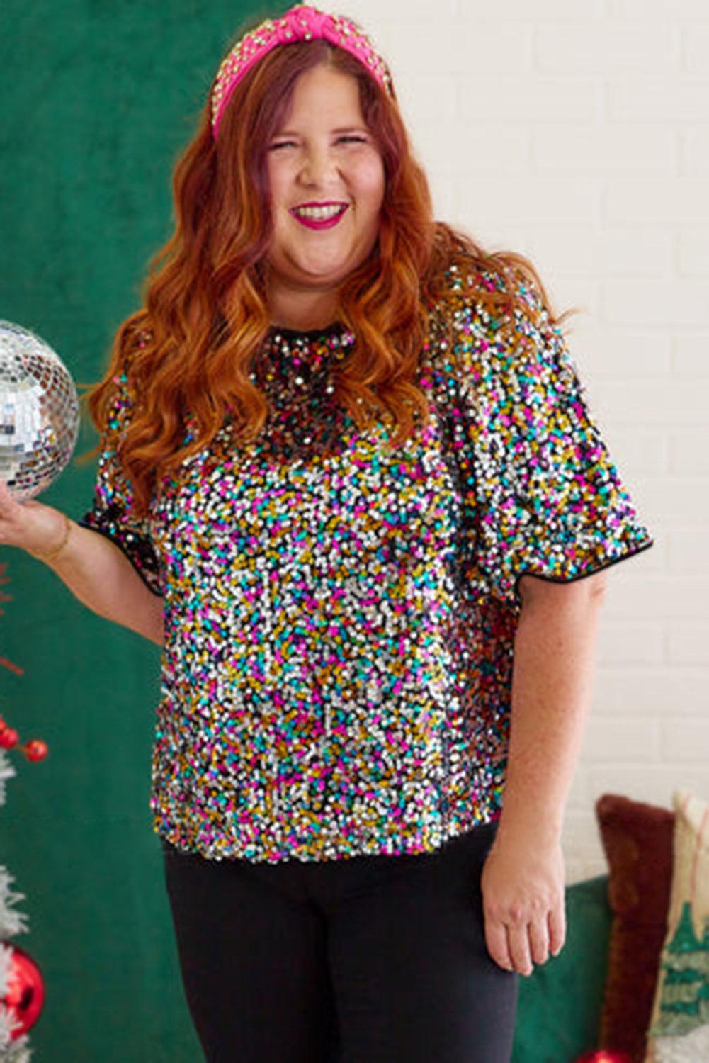 Silvery Vibrant Sequin Plus Size Short Sleeve Top - L & M Kee, LLC