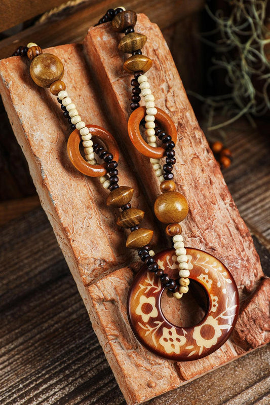 Brown Vintage Beaded Wooden Pendant Necklace - L & M Kee, LLC