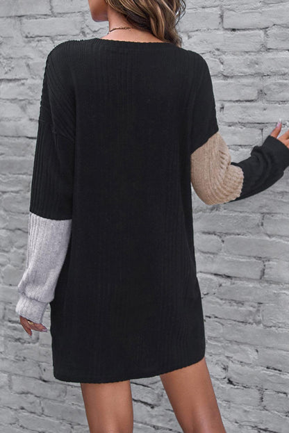 Black Ribbed Color Block Drop Shoulder Long Sleeve Mini Dress - L & M Kee, LLC