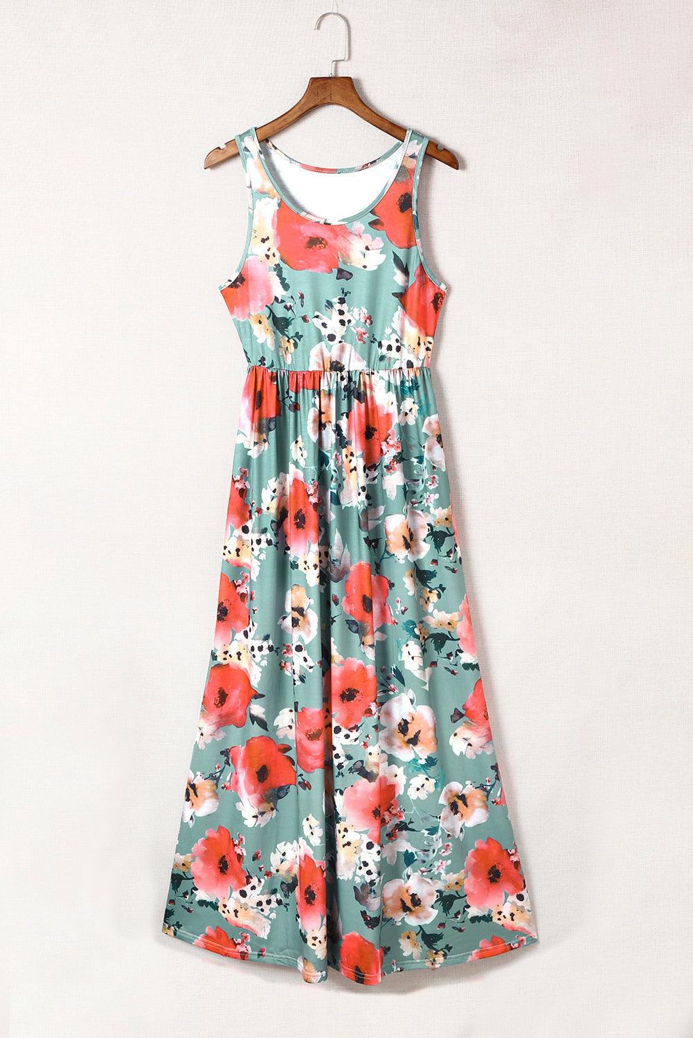 Boho Print Sleeveless High Waist Long Floral Dress - L & M Kee, LLC