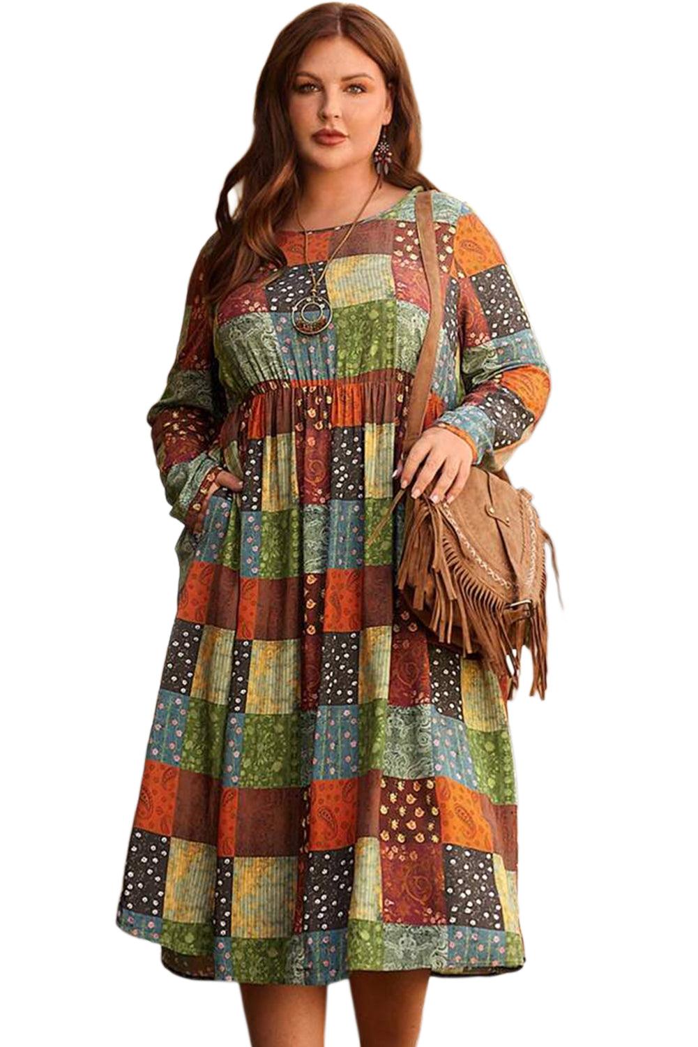 Green Printed Multicolor Western Checkered Plus Size Swing Dress - L & M Kee, LLC