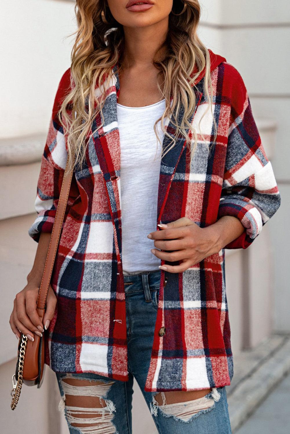 Red Hooded Plaid Button Front Shacket - L & M Kee, LLC