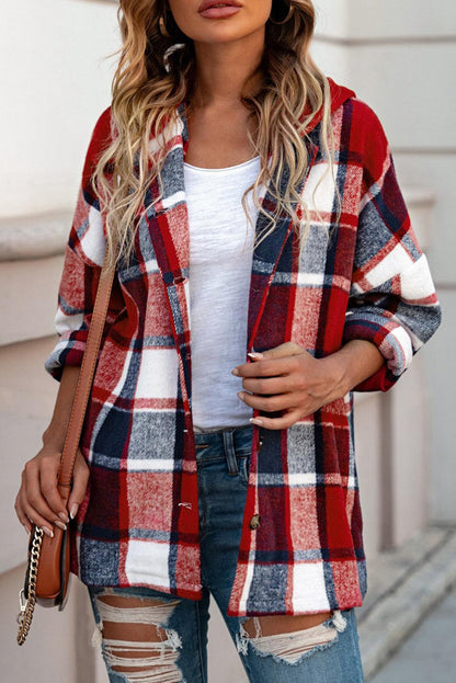 Red Hooded Plaid Button Front Shacket - L & M Kee, LLC