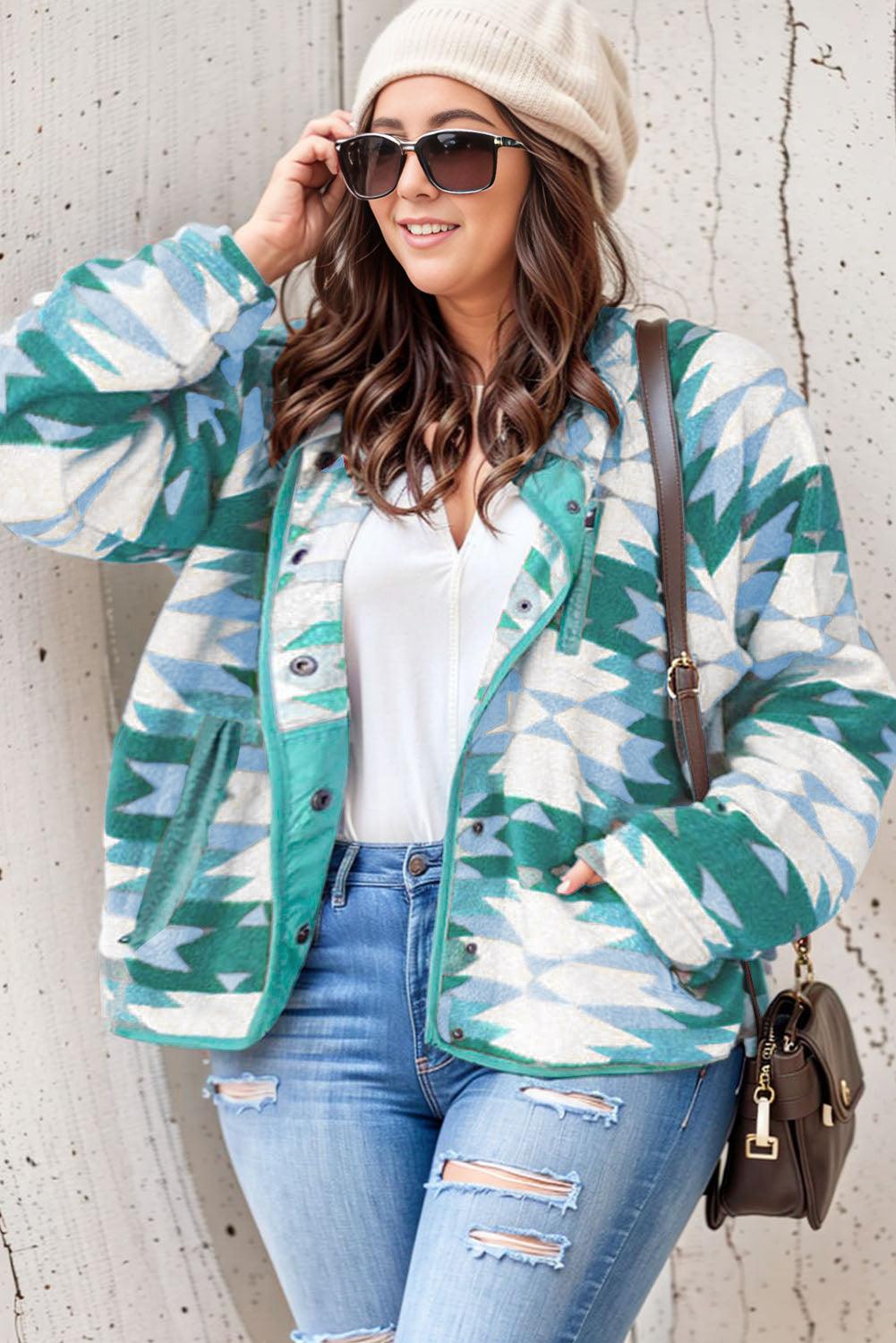 Green Geometric Aztec Pattern Plus Size Fleece Jacket - L & M Kee, LLC