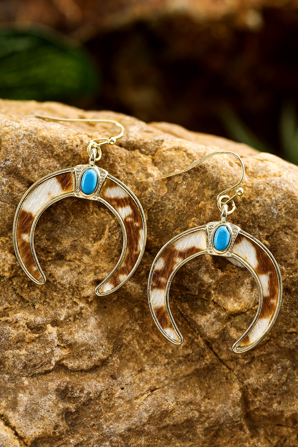 Chestnut Cow Print Turquoise Inlay Crescent Shaped Dangle Earrings