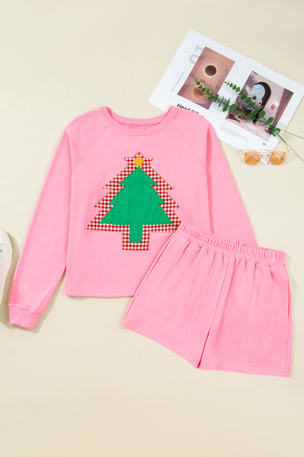 Sachet Pink Plaid Contrasted Double Christmas Tree Patched Raglan Sleeve Pullover 2pcs Short Set