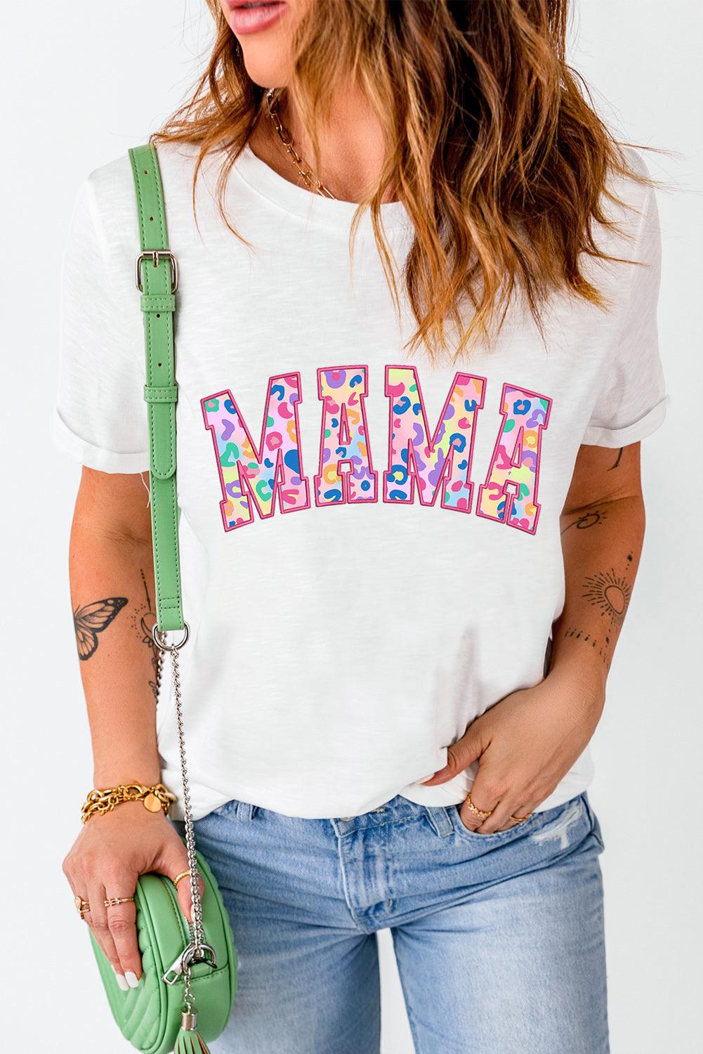 White MAMA Leopard Embroidered Crew Neck Graphic Tee - L & M Kee, LLC