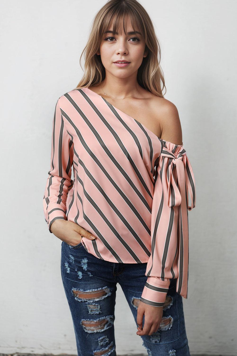 Pink Striped Asymmetric Tied Shoulder Blouse - L & M Kee, LLC