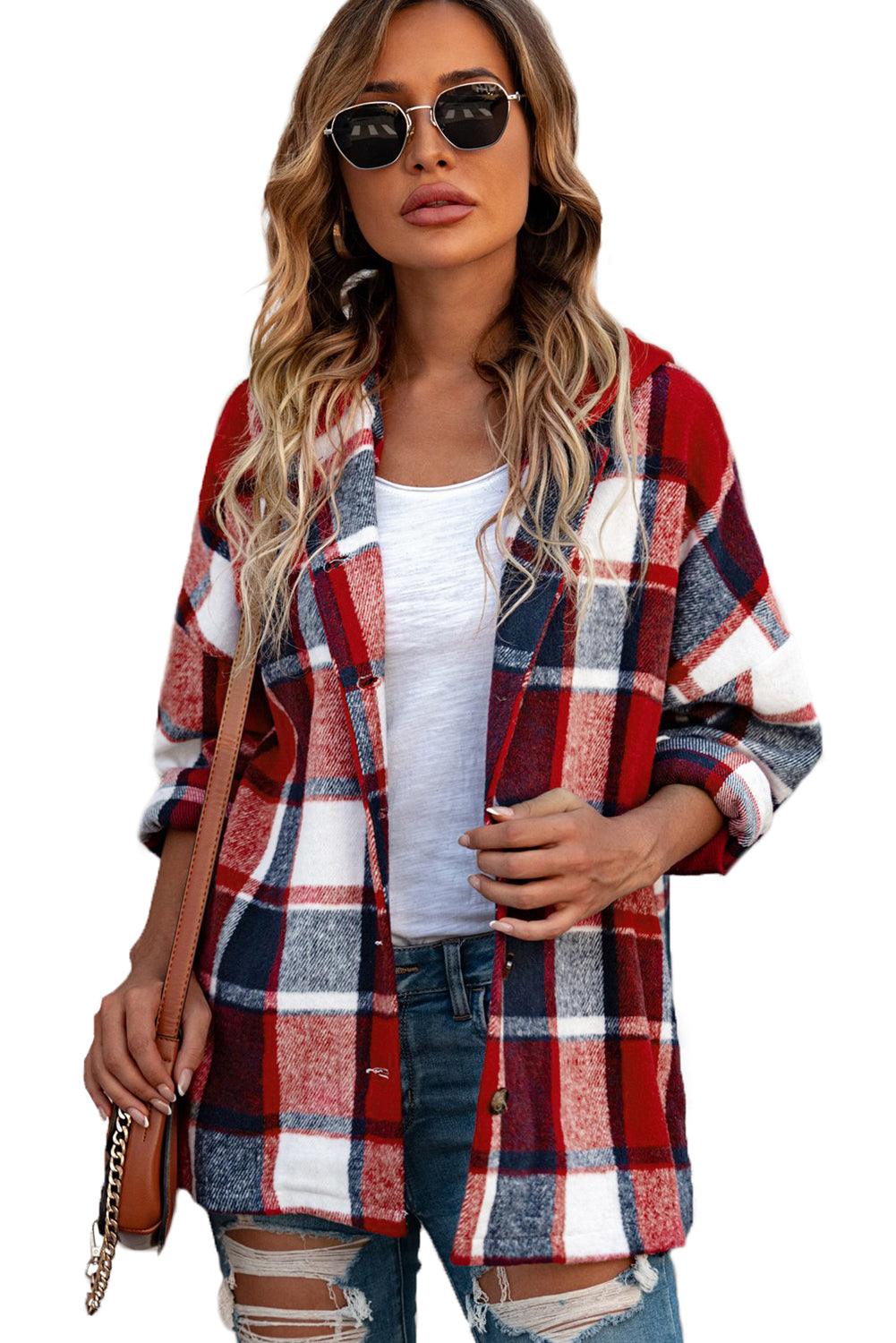 Red Hooded Plaid Button Front Shacket - L & M Kee, LLC