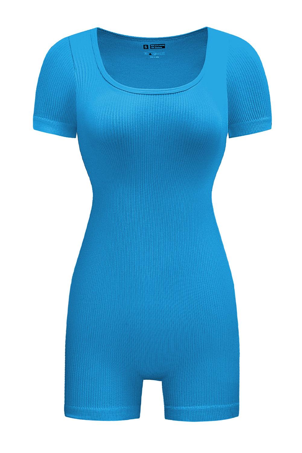 Sky Blue Ribbed Square Neck Short Sleeve Athleisure Romper - L & M Kee, LLC