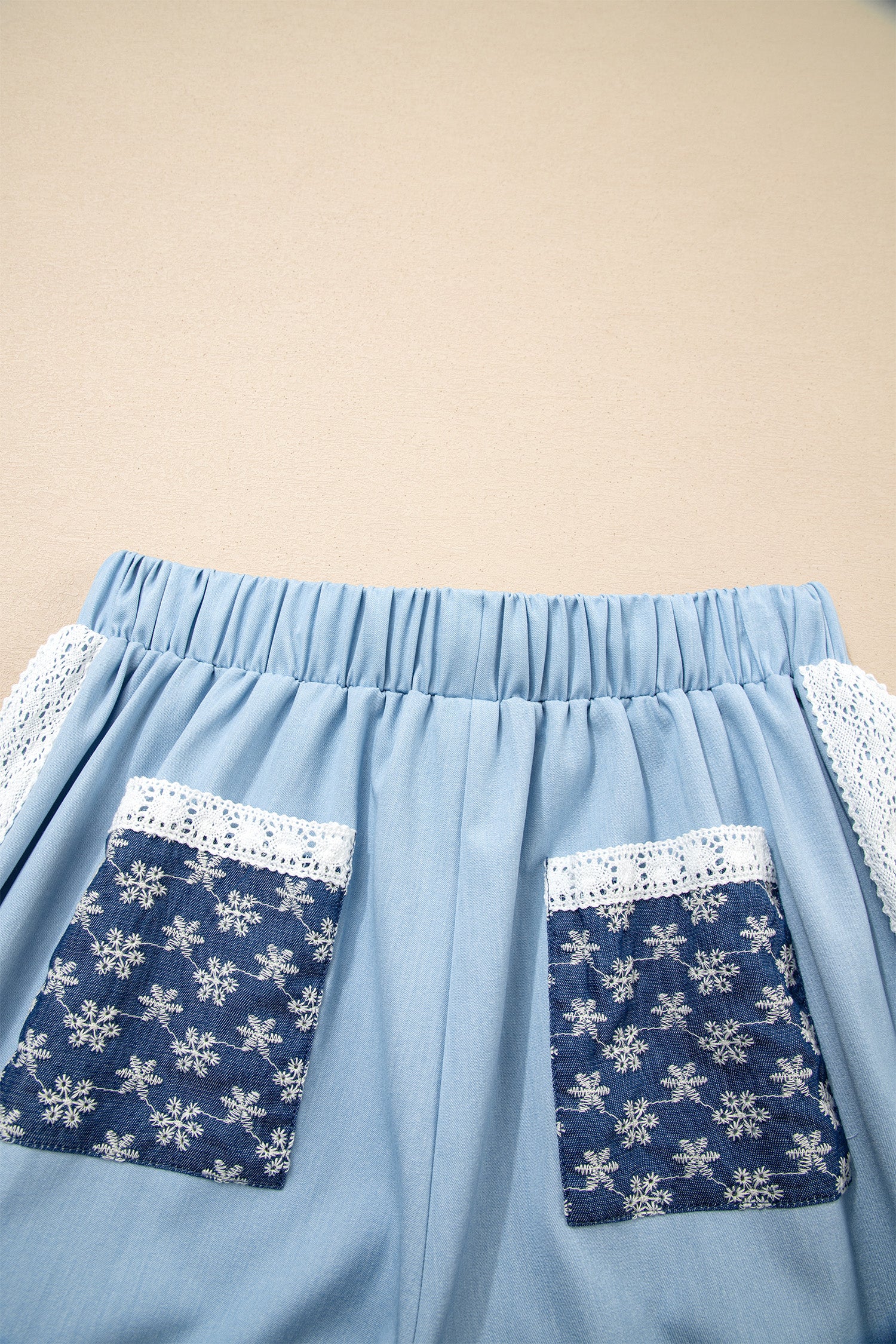 Beau Blue Lace Accent Floral Patched Pocket Pleated Wide Leg Slouchy Pants