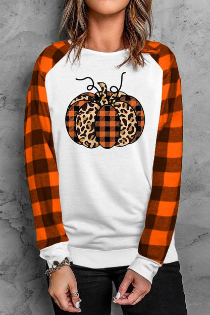 Halloween Pumpkin Graphic Plaid Raglan Long Sleeve Top - L & M Kee, LLC