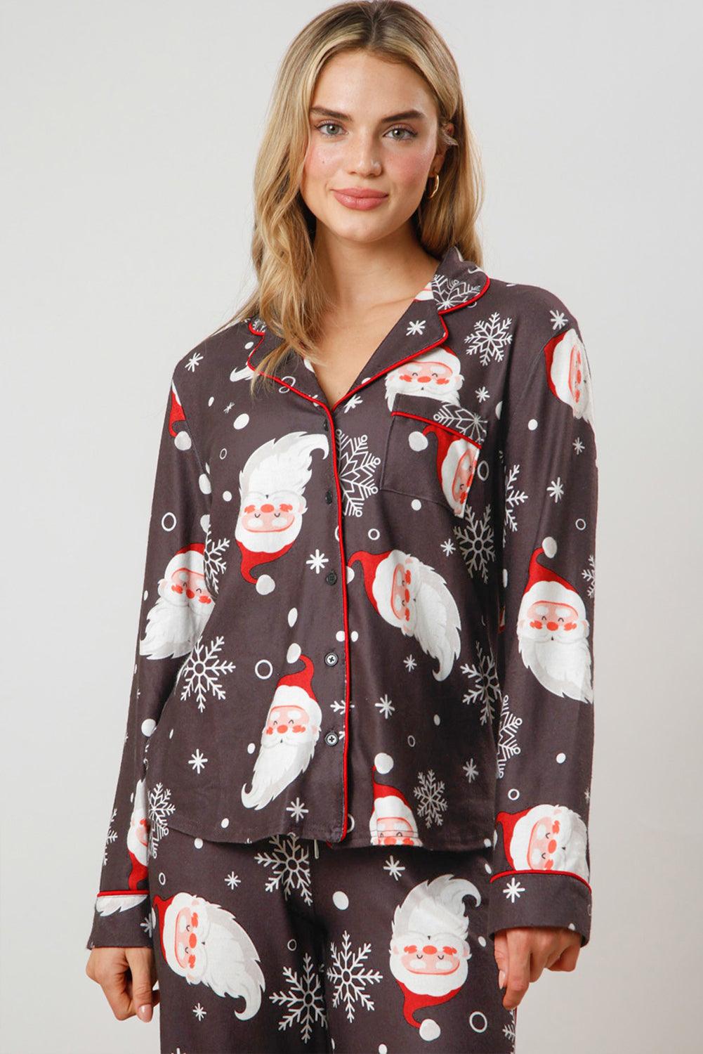 White Printed Christmas Santa Claus Print Shirt and Pants Pajama Set - L & M Kee, LLC