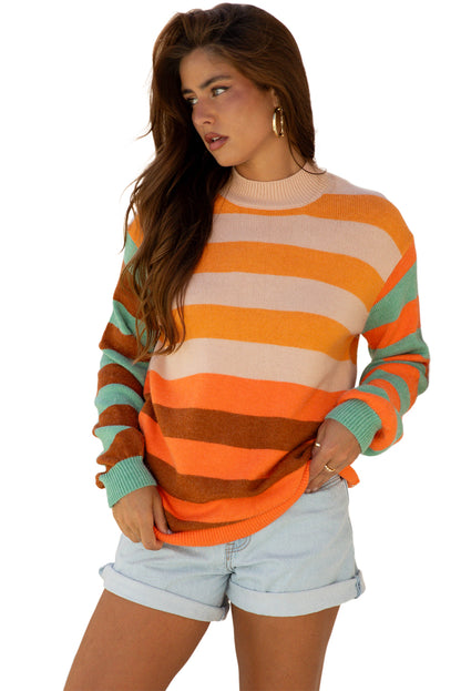 Orange Stripe Color Block High Neck Drop Shoulder Cozy Sweater
