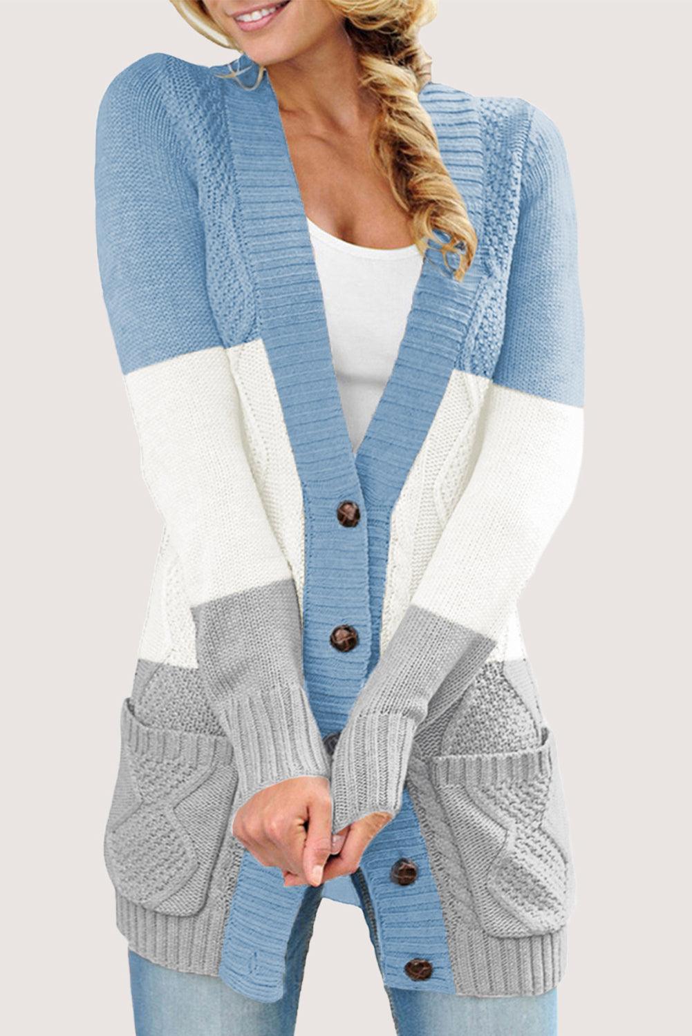 Blue Front Pocket and Buttons Closure Cardigan - L & M Kee, LLC