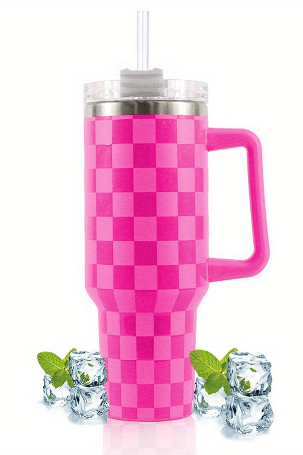 Dark Pink Checkered Print Handled Stainless Steel Tumbler Cup 40oz - L & M Kee, LLC