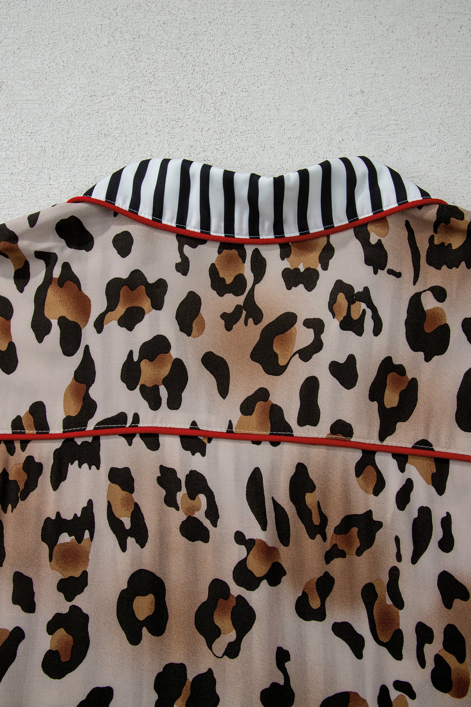 Khaki Plus Leopard Print Contrast Piping Striped Patchwork 2pcs Long Pajama Set