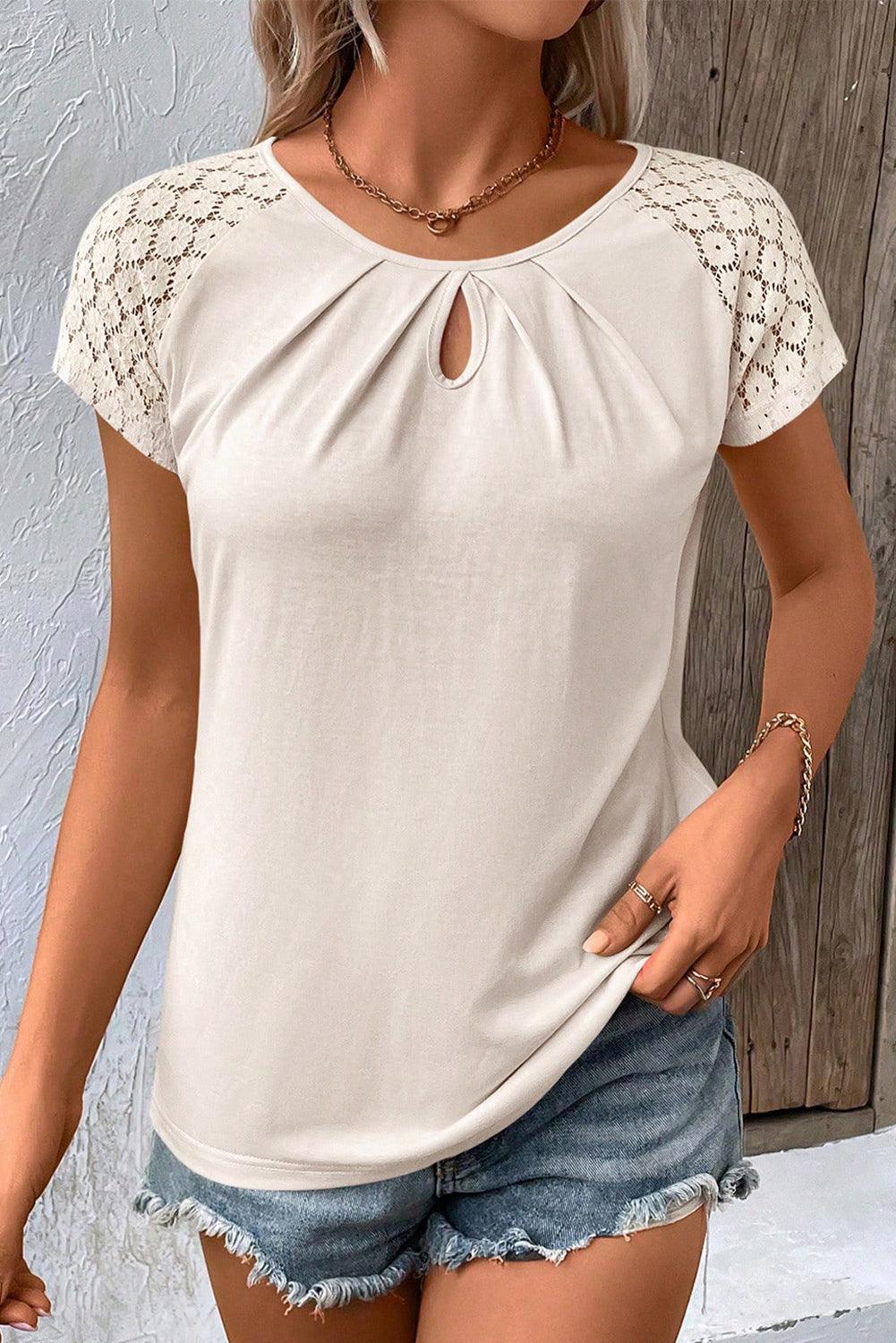 White Contrast Lace Sleeve Keyhole Decor Top - L & M Kee, LLC