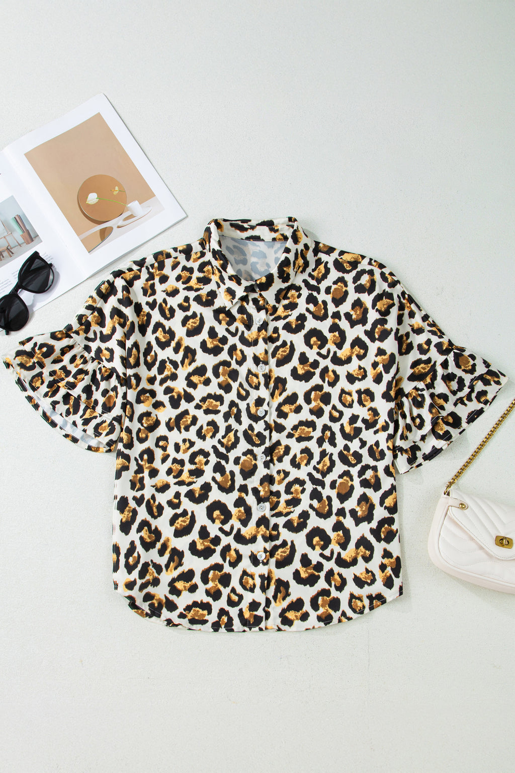 Khaki Leopard Print Ruffle Trim 3/4 Sleeve Loose Shirt